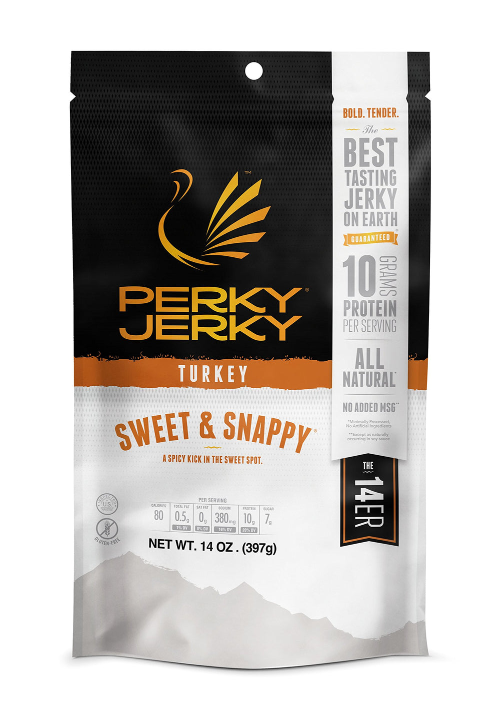 Perky Jerky paquete frontal mostrando la bolsa y atractivo visual