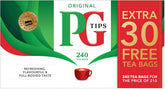 PG Tips frente del paquete mostrando cantidad y diseño para ahorro de espacio