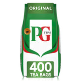PG Tips frente del paquete mostrando 400 bolsitas y conveniencia