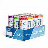 CLEAR CUT PHOCUS pack frontal mostrando las 12 latas y variedad de sabores y conveniencia