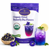 picknature paquete frontal de té de flor de guisante azul mostrando marca y tamaño beneficios de pureza