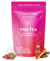 Pink Stork paquete frontal mostrando 30 tazas para alivio menstrual y sin cafeína