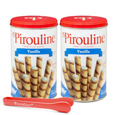 Pirouline lata frontal mostrando barquillos y beneficio presentación elegante