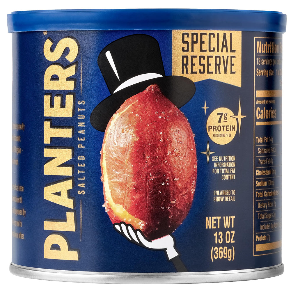 PLANTERS bote frontal mostrando diseño y peso 13 oz, ideal para regalar