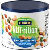 PLANTERS lata frontal de mezcla de nueces muestra empaque práctico y sabor