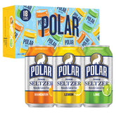 Polar Seltzer pack frontal con 18 latas mostrando variedad cítrica y conveniencia