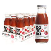 Pomona Organic Juices frente de la botella de jugo de tomate, presentación limpia y natural