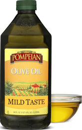 Pompeian envase frontal de 2 L mostrando marca y tamaño, práctico para ahorrar