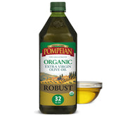 Pompeian botella frontal 32 fl oz mostrando etiqueta y tamaño, ofrece autenticidad y sabor
