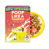 Poop Like a Champion caja frontal mostrando diseño y sabor Cinnamon Toast, atractivo visual