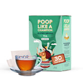 Poop Like a Champion empaque frontal mostrando 30 bolsas y uso práctico