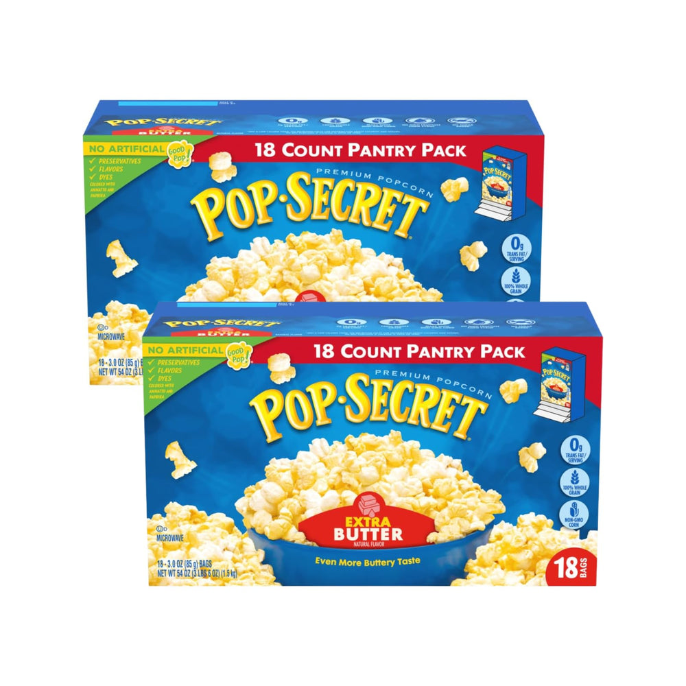 Pop Secret empaque frontal mostrando caja de 18 bolsas y beneficio de compartirse