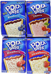 Pop-Tarts frente del paquete mostrando los cuatro sabores y conveniencia