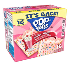Pop-Tarts empaque frontal mostrando sabor Frosted Strawberry Milkshake y conveniencia
