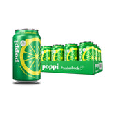 Poppi frente del paquete mostrando las 12 latas y diseño de marca