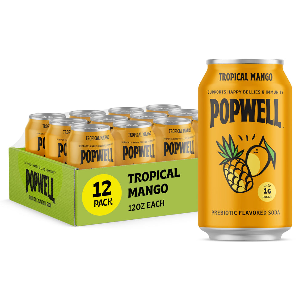 Popwell Tropical Mango lata frontal mostrando el diseño y frescura