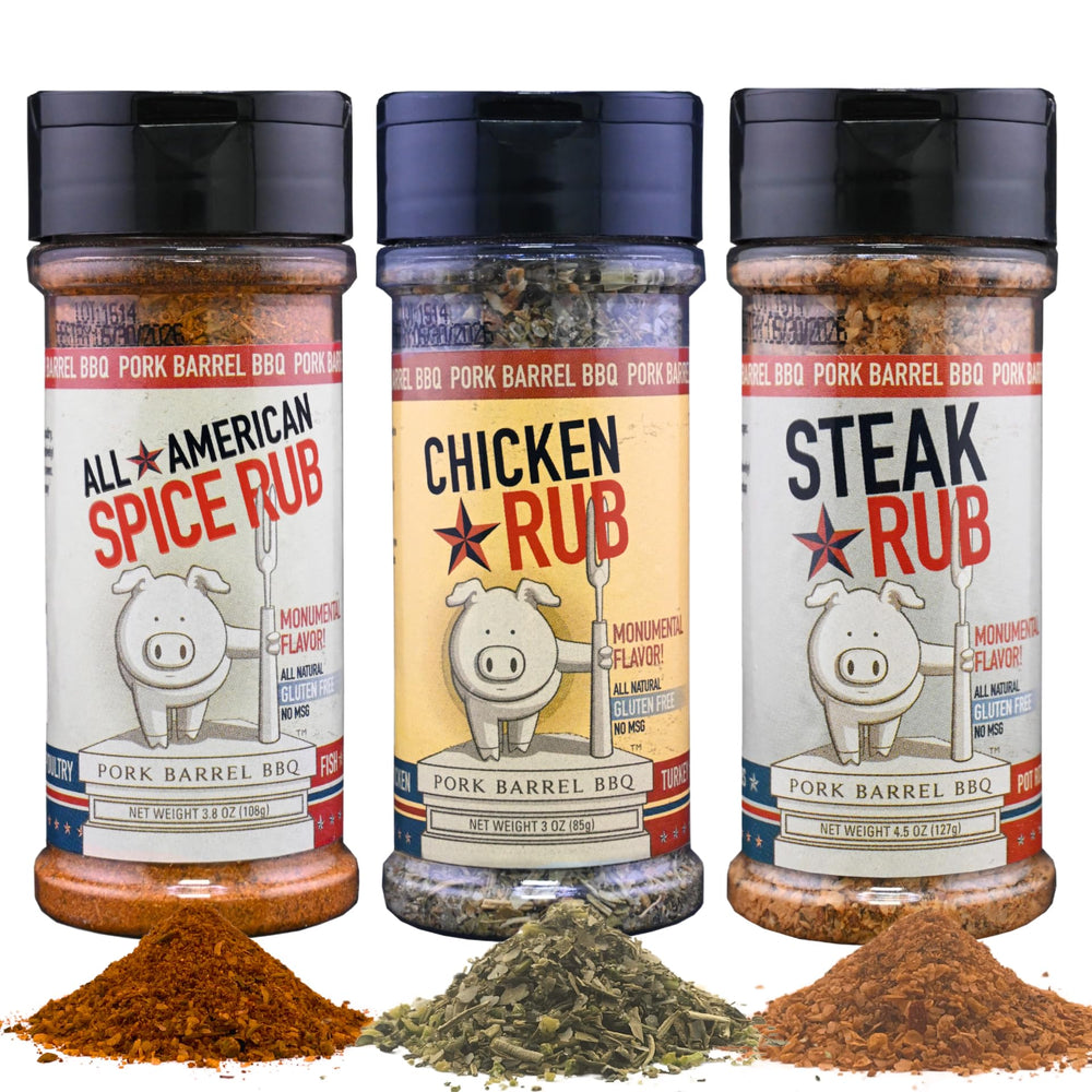 Pork Barrel BBQ pack frontal mostrando los tres frascos y diseño atractivo