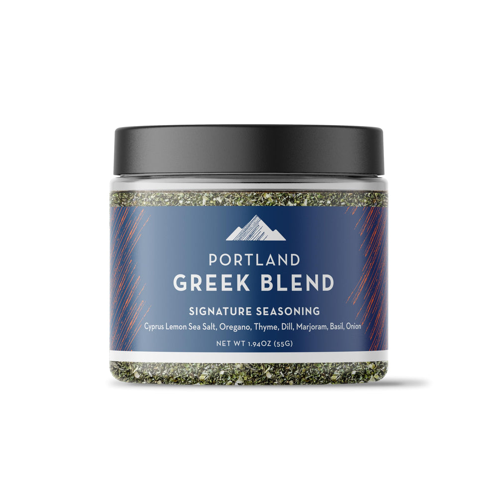 Portland Salt Co frasco frontal mostrando mezcla griega y atractivo embalaje