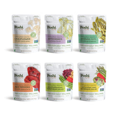 Poshi frontal del pack variedad mostrando pouches y conveniencia