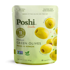 Poshi empaque frontal del pouch mostrando sabor albahaca y ajo y conveniencia