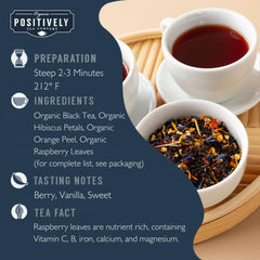 Organic Positively Tea hojas sueltas en primer plano, textura aromática visible