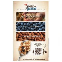 Post Great Grains etiqueta e información nutricional junto a caja para referencia