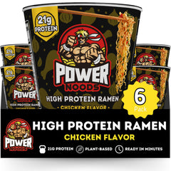 Power Noods frente de la taza mostrando marca y conveniencia lista para beber