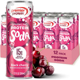Premier Protein lata frontal mostrando 15 g proteína y sabor Black Cherry
