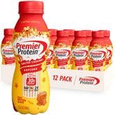 Premier Protein botella frente con etiqueta Salted Caramel Popcorn y atractivo visual