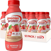 Premier Protein botella frontal Strawberries & Cream mostrando diseño y conveniencia