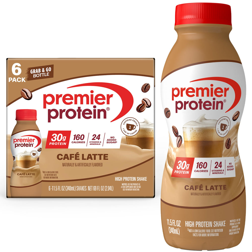 Premier Protein botella Café Latte vista frontal mostrando envase y marca, ideal para desayuno rápido