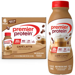 Premier Protein botella Café Latte vista frontal mostrando envase y marca, ideal para desayuno rápido