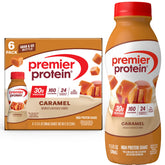 Premier Protein botella frontal sabor Caramel mostrando el envase y beneficios.