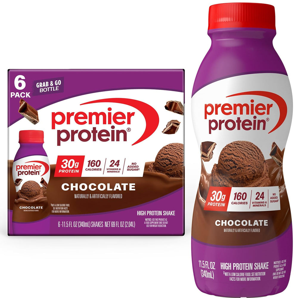 Premier Protein botella frente pack de seis, práctica y lista para beber