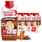 Premier Protein frontal del envase mostrando el sabor Caramel Macchiato y conveniencia