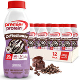 Premier Protein frontal del envase Mocha mostrando el tamaño y diseño atractivo