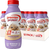 Premier Protein botella frontal Cookie Dough mostrando diseño y tamaño para conveniencia