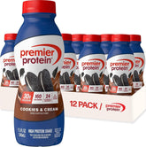 Premier Protein frente del envase Cookies & Cream mostrando la botella y beneficio de proteína alta