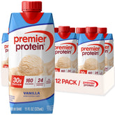 Premier Protein frente del pack de 12 unidades mostrando sabor vainilla y conveniencia