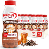 Premier Protein botella frontal Caramel Macchiato mostrando la etiqueta y beneficios