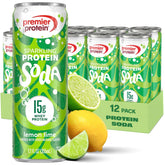 Premier Protein lata frontal mostrando sabor Lemon Lime y su refresco proteico