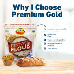 Premium Gold cucharada con mezcla de granos resaltando omega-3 y fibra