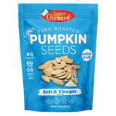 Premium Orchard paquete frontal con cierre resellable mostrando sabor Salt & Vinegar y practicidad