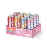 Pretty Tasty pack frontal mostrando 12 latas y variedad de sabores beneficios visuales