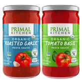 Primal Kitchen frascos frontales mostrando Tomato Basil y Roasted Garlic y conveniencia
