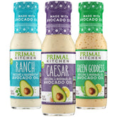 Primal Kitchen vista frontal del paquete variedad tres aderezos, presentación atractiva