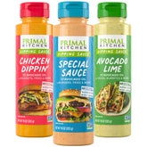 Primal Kitchen pack frontal mostrando las tres salsas y sus colores, conveniencia inmediata