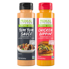 Primal Kitchen pack frontal mostrando Yum Yum y Chicken Dippin' como dip versátil