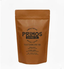 Primos Coffee Co. empaque frontal mostrando sellado y diseño, garantiza frescura