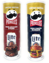 Pringles pack frontal con latas Beer-Braised Steak y Beer Cheese Burger mostrando diseño